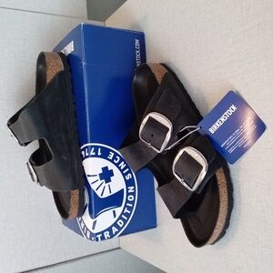 NIB Black Oiled Leather Arizona Silver Big Buckle Birkenstock NARROW